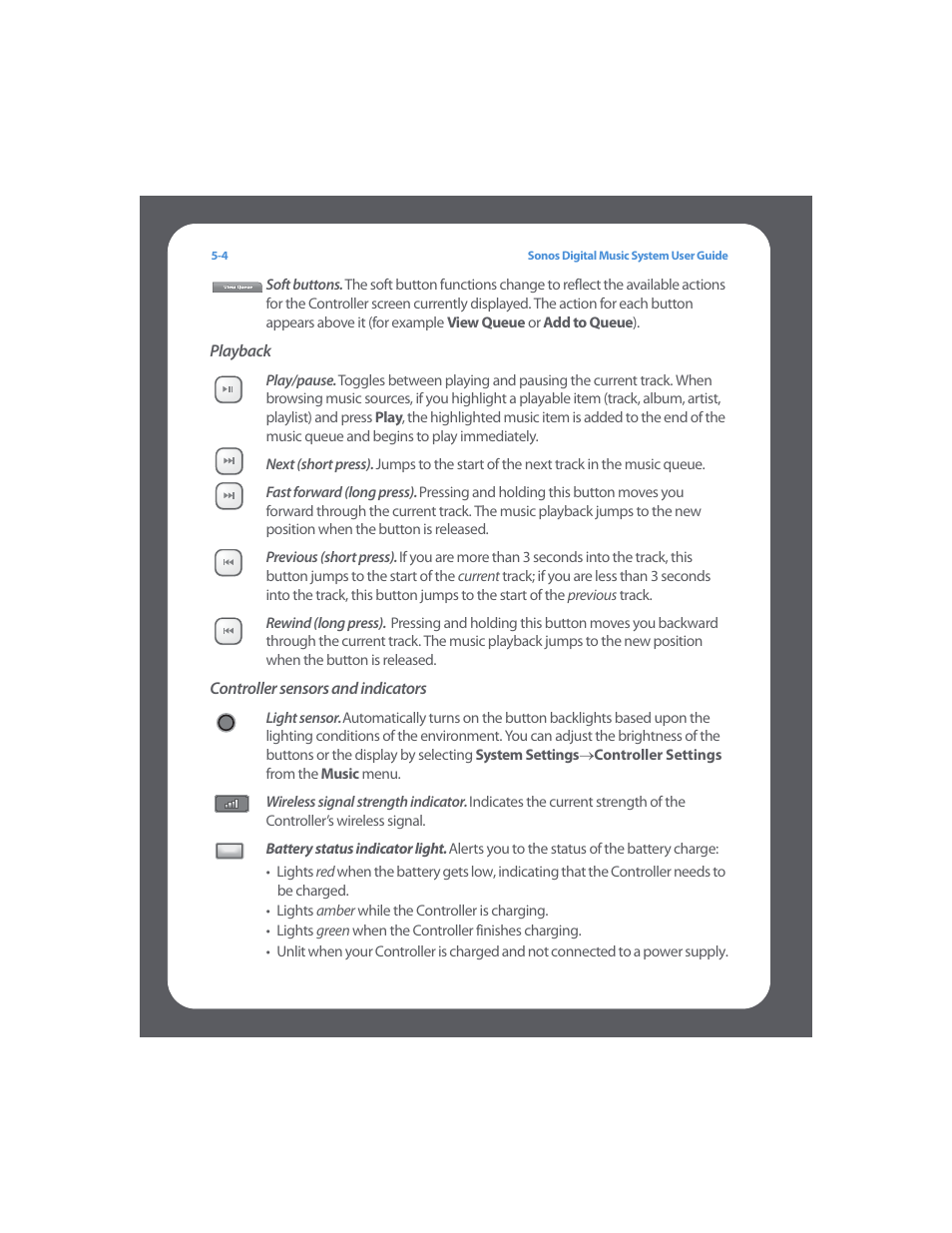 Playback, Controller sensors and indicators | Sonos Digital Music System User Manual | Page 68 / 114