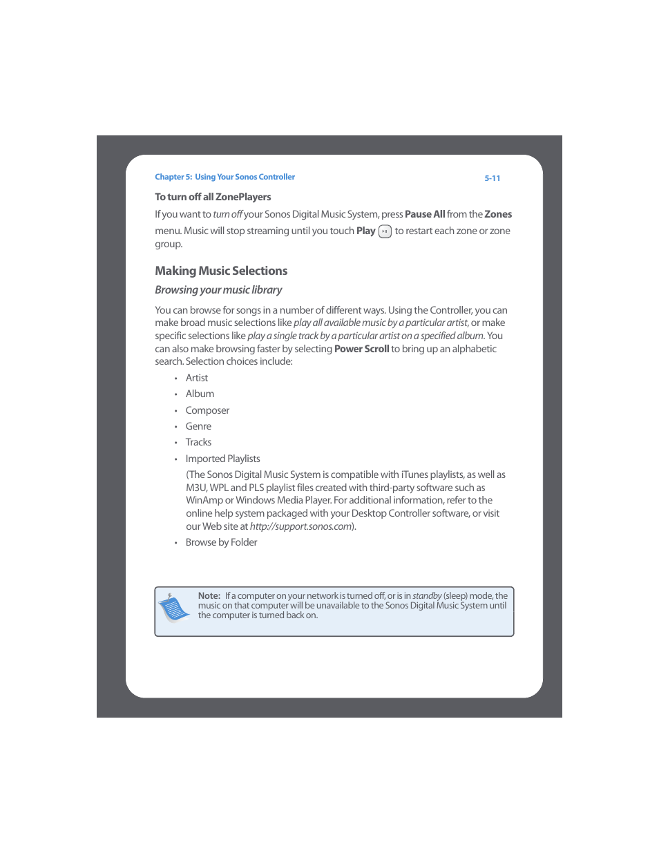 To turn off all zoneplayers, Making music selections, Browsing your music library | Making music selections -11 | Sonos Digital Music System User Manual | Page 75 / 114