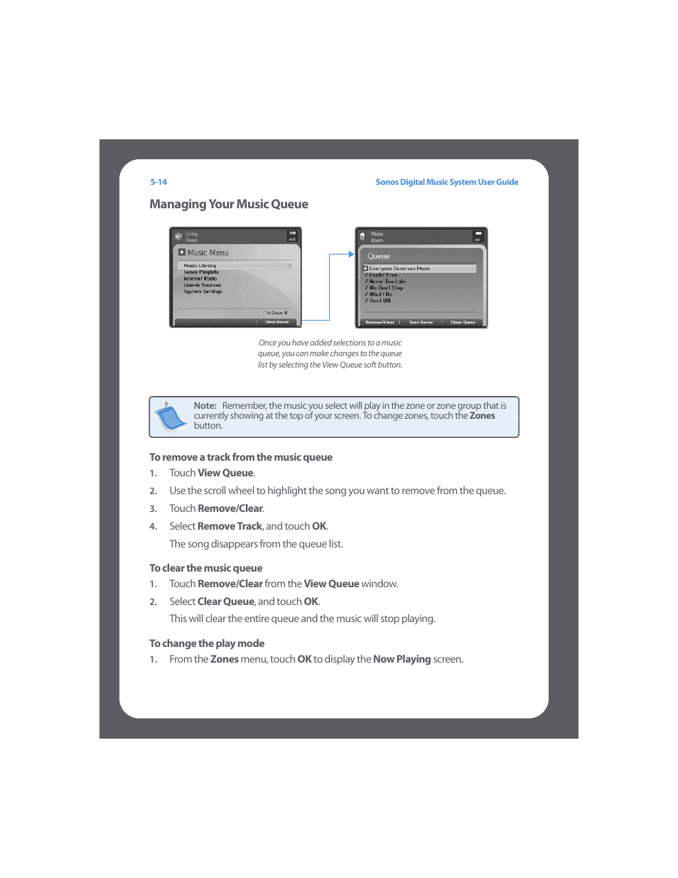 To remove a track from the music queue, To clear the music queue, To change the play mode | Managing your music queue | Sonos Digital Music System User Manual | Page 78 / 114