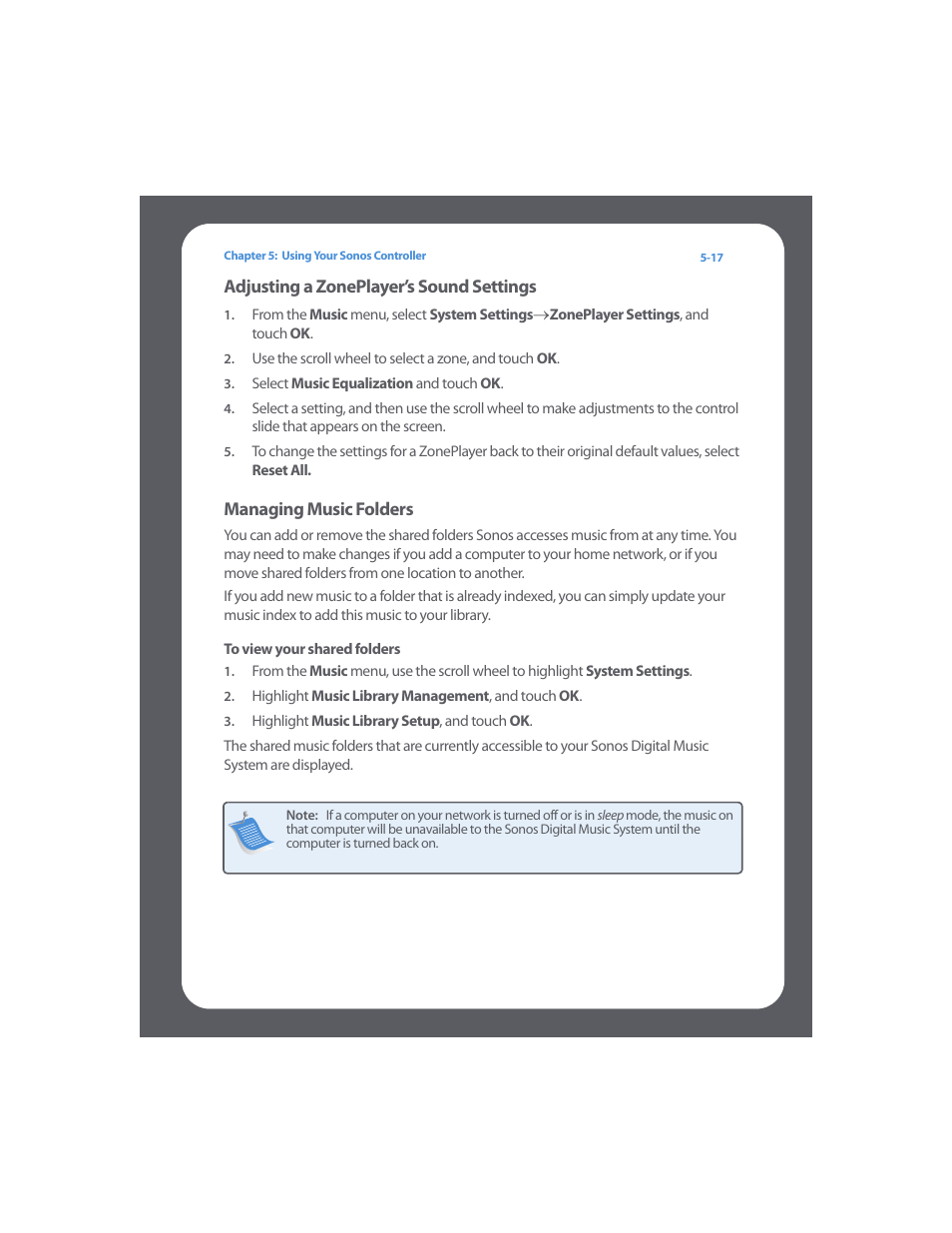 Adjusting a zoneplayer’s sound settings, Managing music folders, To view your shared folders | Sonos Digital Music System User Manual | Page 81 / 114