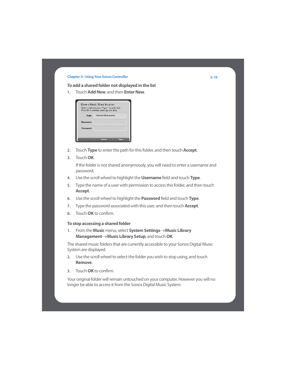 To add a shared folder not displayed in the list, To stop accessing a shared folder | Sonos Digital Music System User Manual | Page 83 / 114
