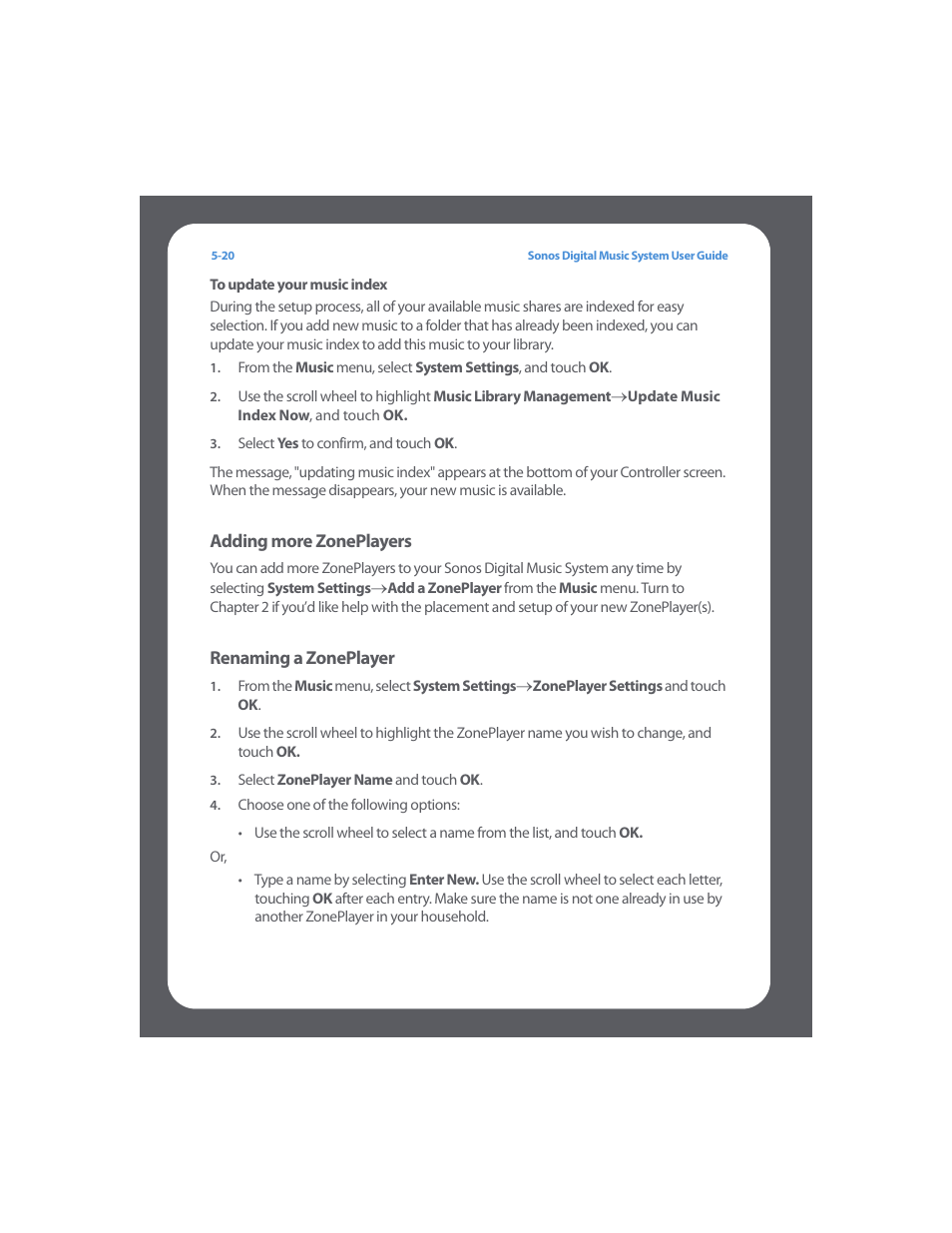 To update your music index, Adding more zoneplayers, Renaming a zoneplayer | Sonos Digital Music System User Manual | Page 84 / 114