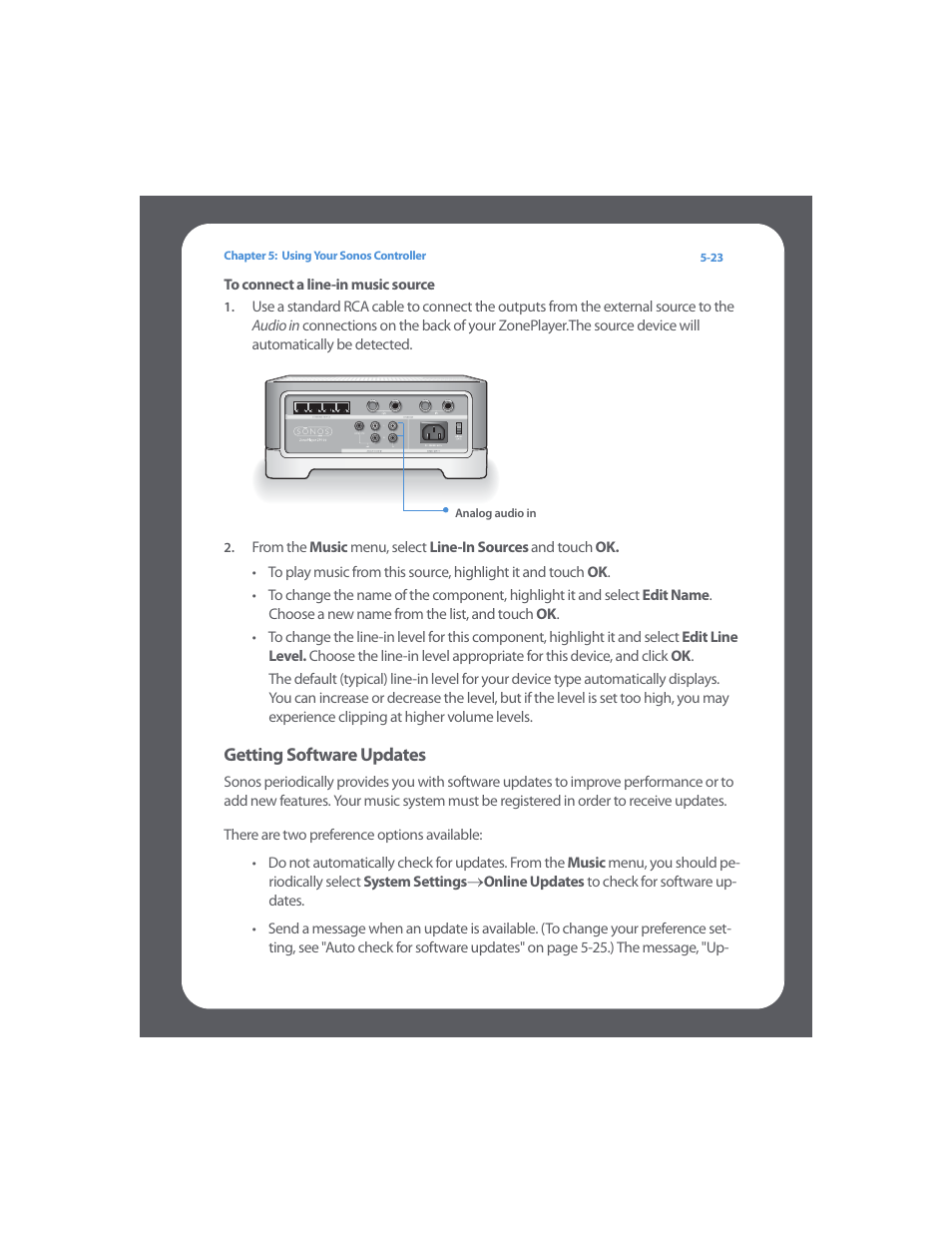 To connect a line-in music source, Getting software updates, Getting software updates -23 | Sonos Digital Music System User Manual | Page 87 / 114