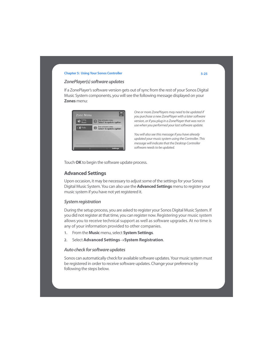 Advanced settings, System registration, Advanced settings -25 | Sonos Digital Music System User Manual | Page 89 / 114