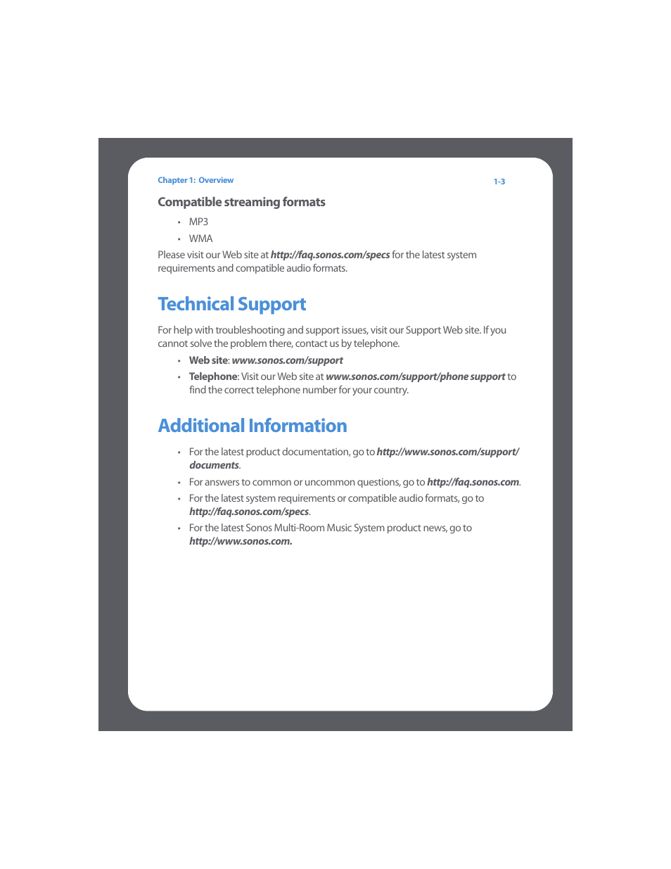 Technical support, Technical support -3, Additional information | Sonos Multi-Room Music System User Manual | Page 11 / 222