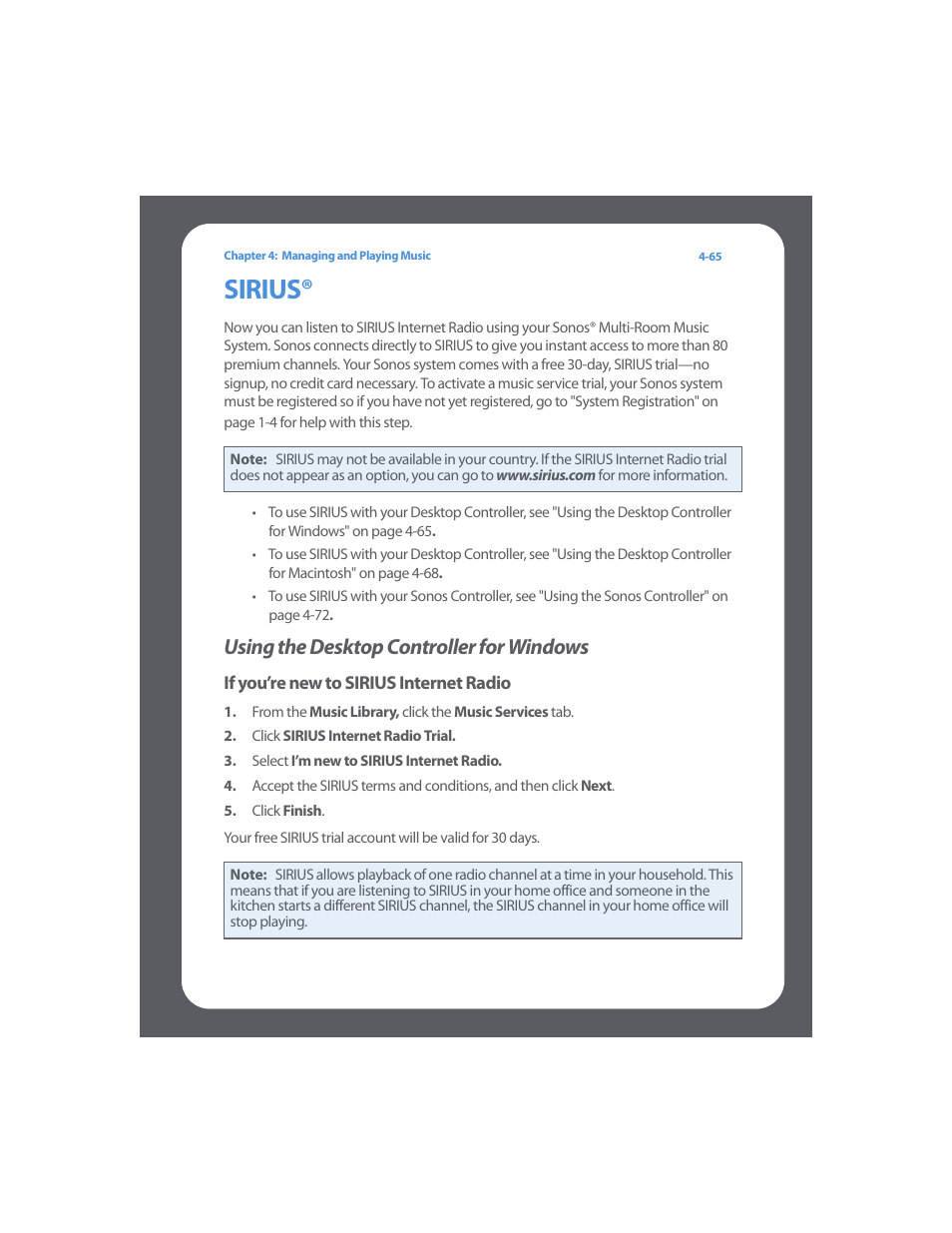 Sirius, Using the desktop controller for windows, Sirius® -65 | Using the desktop controller for windows -65 | Sonos Multi-Room Music System User Manual | Page 117 / 222