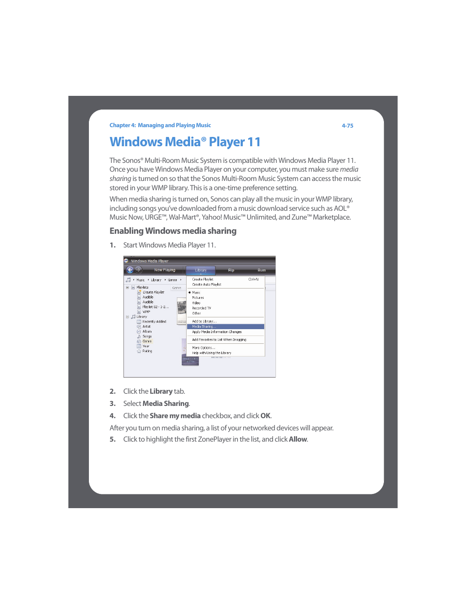 Windows media® player 11, Windows media® player 11 -75, Windows media® player 11" on | Sonos Multi-Room Music System User Manual | Page 127 / 222