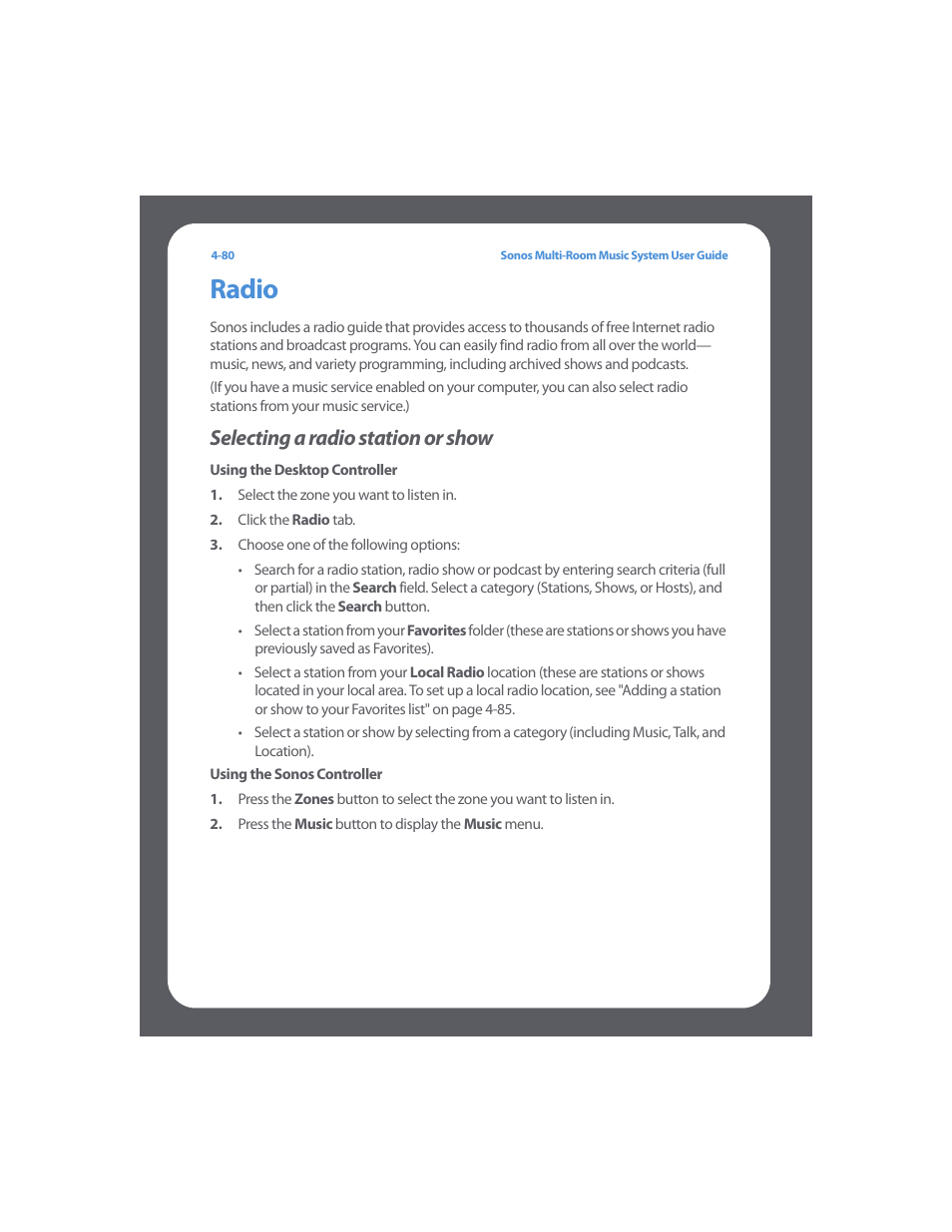 Radio, Selecting a radio station or show, Radio -80 | Selecting a radio station or show -80 | Sonos Multi-Room Music System User Manual | Page 132 / 222