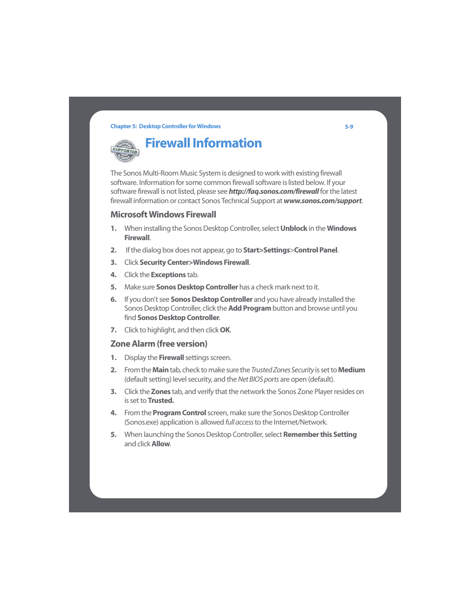 Firewall information, Firewall information -9 | Sonos Multi-Room Music System User Manual | Page 146 / 222