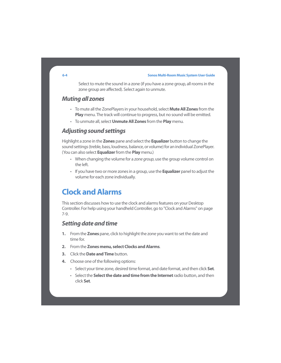 Clock and alarms, Clock and alarms -4, Muting all zones | Adjusting sound settings, Setting date and time | Sonos Multi-Room Music System User Manual | Page 153 / 222