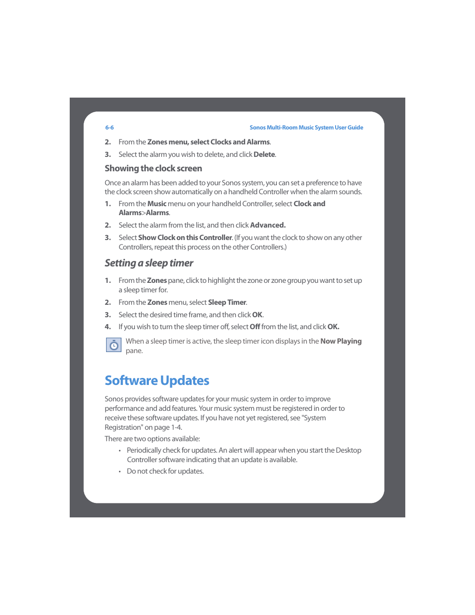 Software updates, Software updates -6, Setting a sleep timer | Sonos Multi-Room Music System User Manual | Page 155 / 222