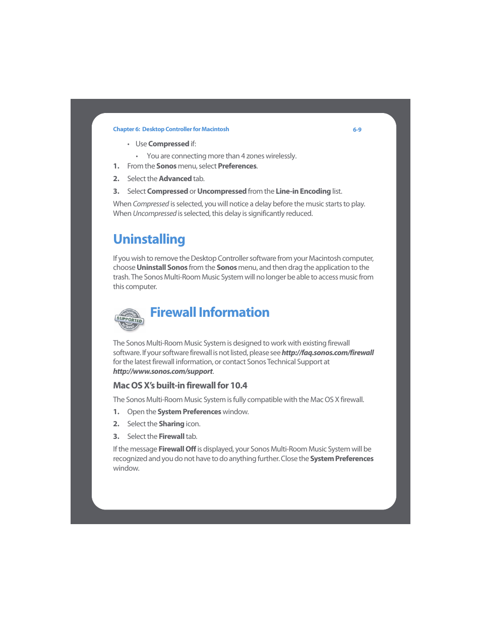 Uninstalling, Firewall information, Uninstalling -9 firewall information -9 | Sonos Multi-Room Music System User Manual | Page 158 / 222