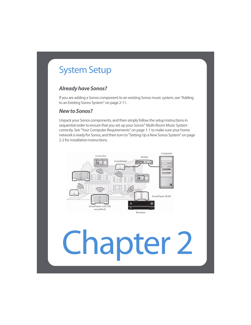 System setup, Chapter 2 system setup, Chapter 2 | Sonos Multi-Room Music System User Manual | Page 16 / 222