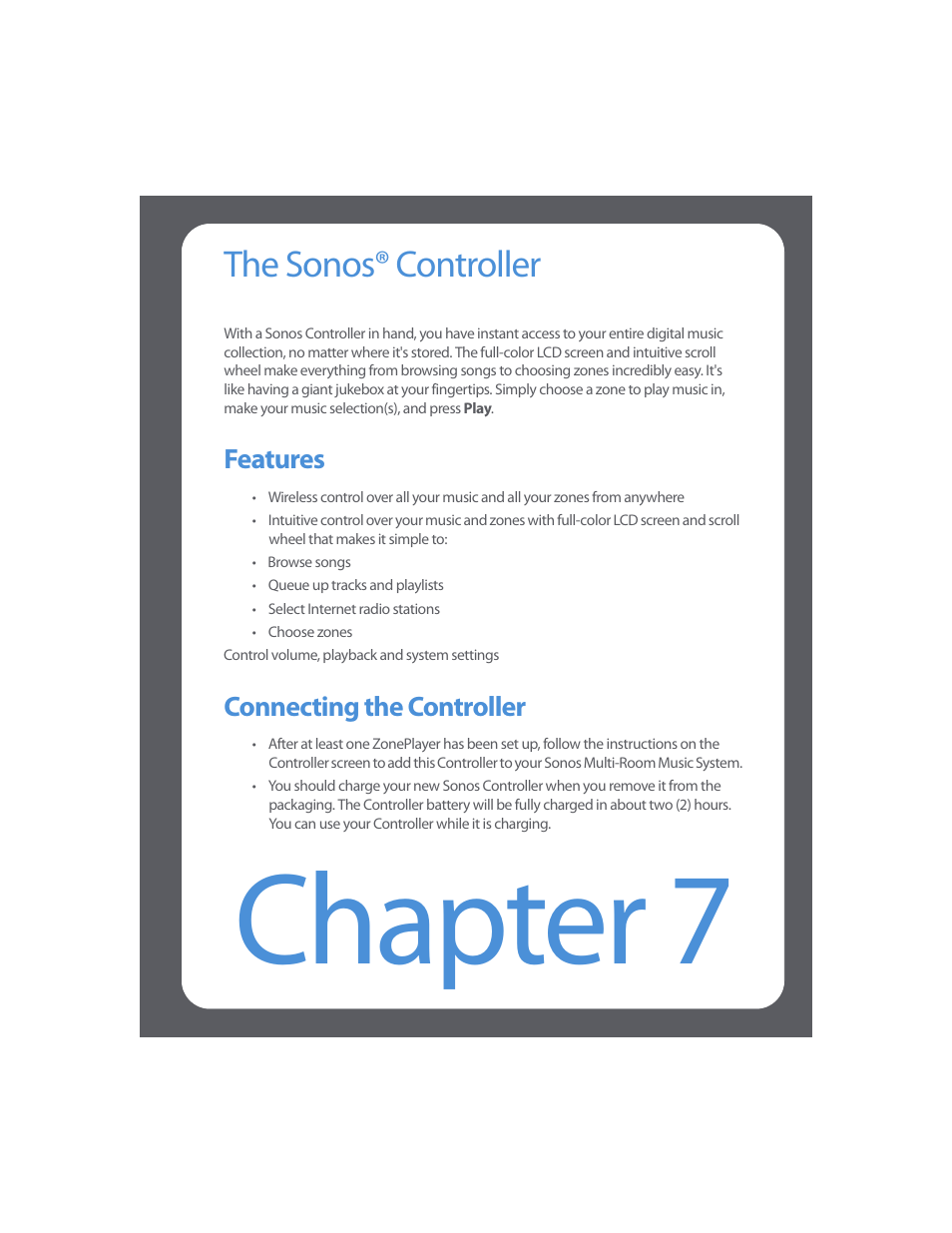 The sonos® controller, Connecting the controller, Chapter 7 the sonos® controller | Connecting the controller -1, Chapter 7, Features | Sonos Multi-Room Music System User Manual | Page 161 / 222