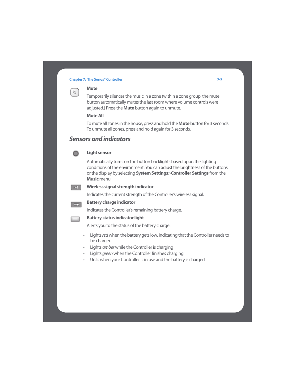 Sensors and indicators, Sensors and indicators -7 | Sonos Multi-Room Music System User Manual | Page 167 / 222