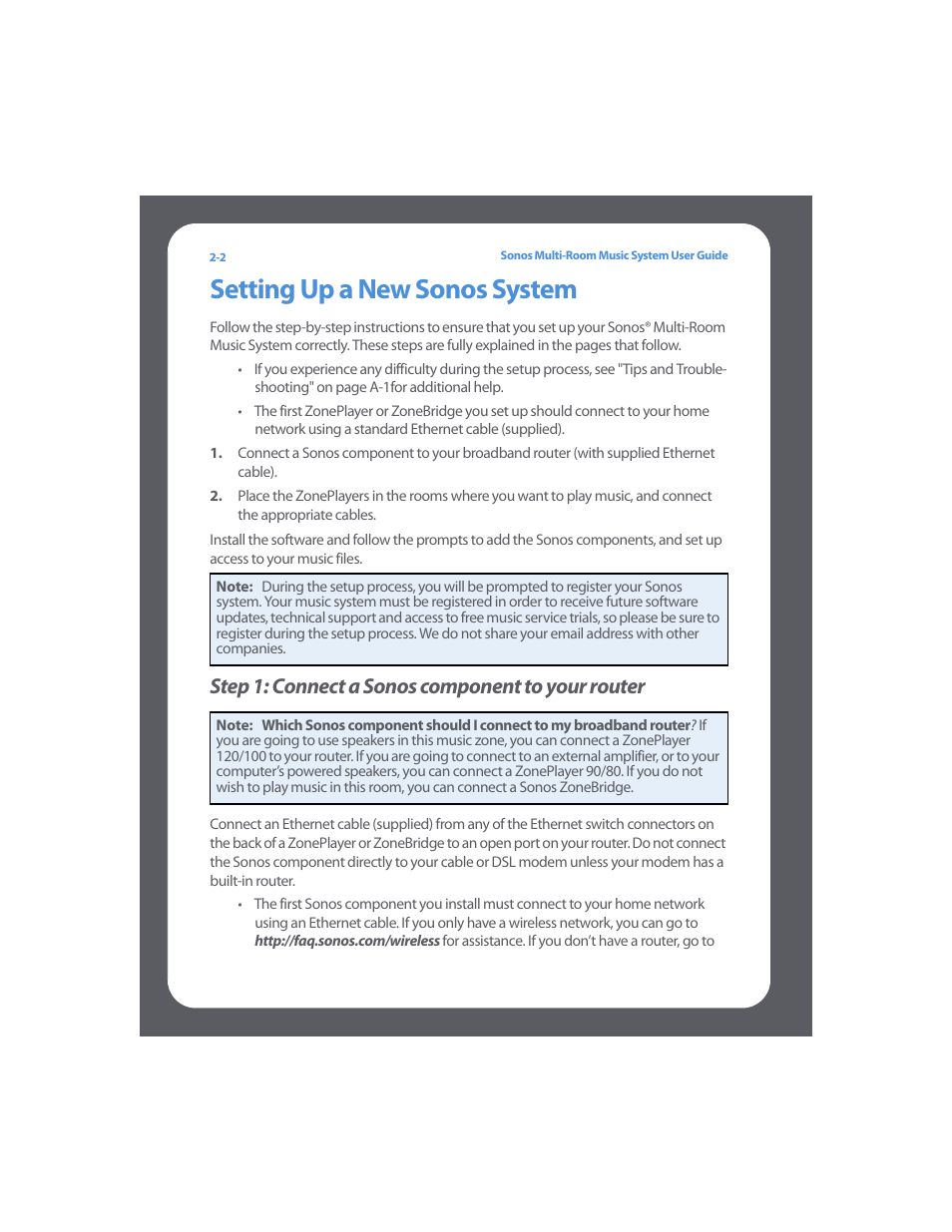 Setting up a new sonos system, Setting up a new sonos system -2, Step 1: connect a sonos component to your router | Sonos Multi-Room Music System User Manual | Page 17 / 222