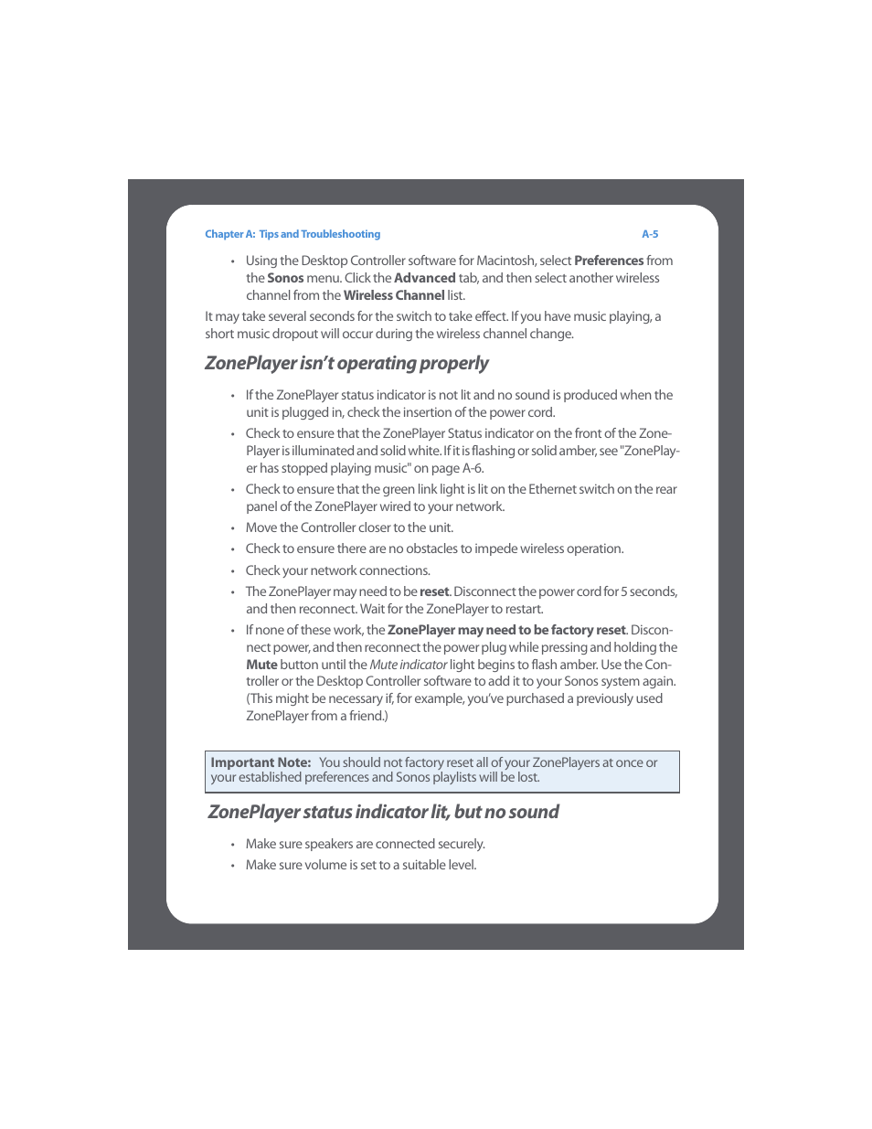 Zoneplayer isn’t operating properly, Zoneplayer status indicator lit, but no sound | Sonos Multi-Room Music System User Manual | Page 182 / 222