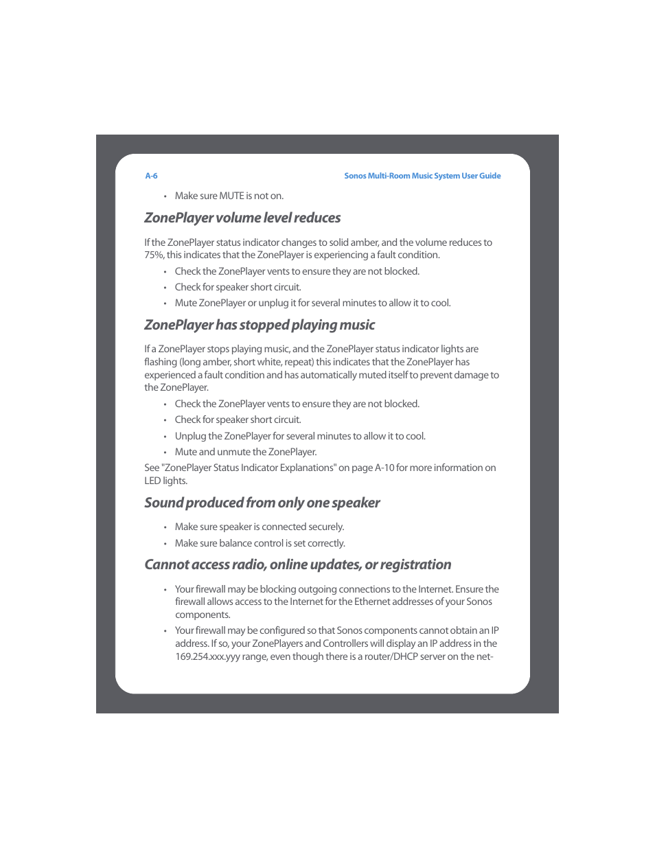 Zoneplayer volume level reduces, Zoneplayer has stopped playing music, Sound produced from only one speaker | Sonos Multi-Room Music System User Manual | Page 183 / 222
