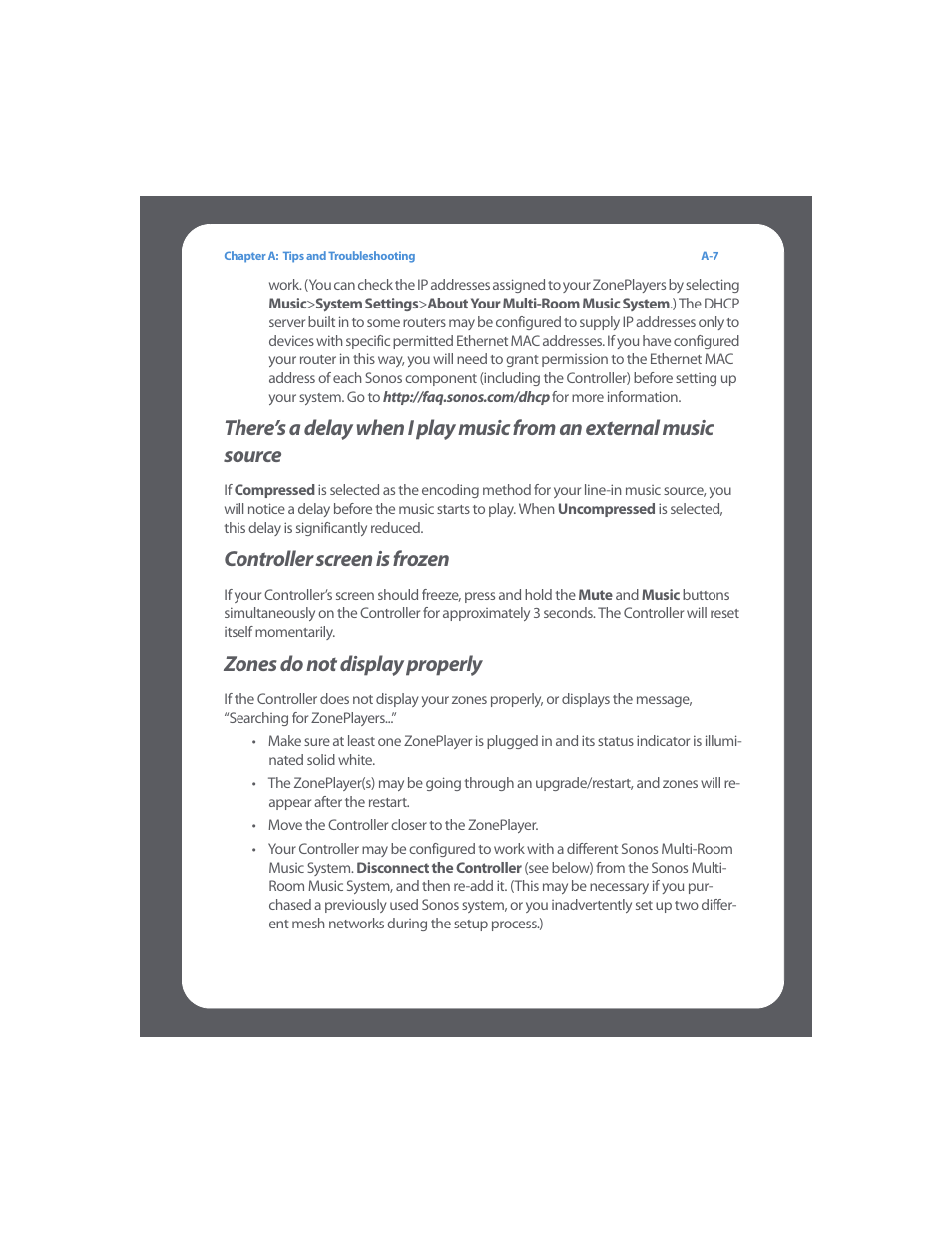 Controller screen is frozen, Zones do not display properly | Sonos Multi-Room Music System User Manual | Page 184 / 222