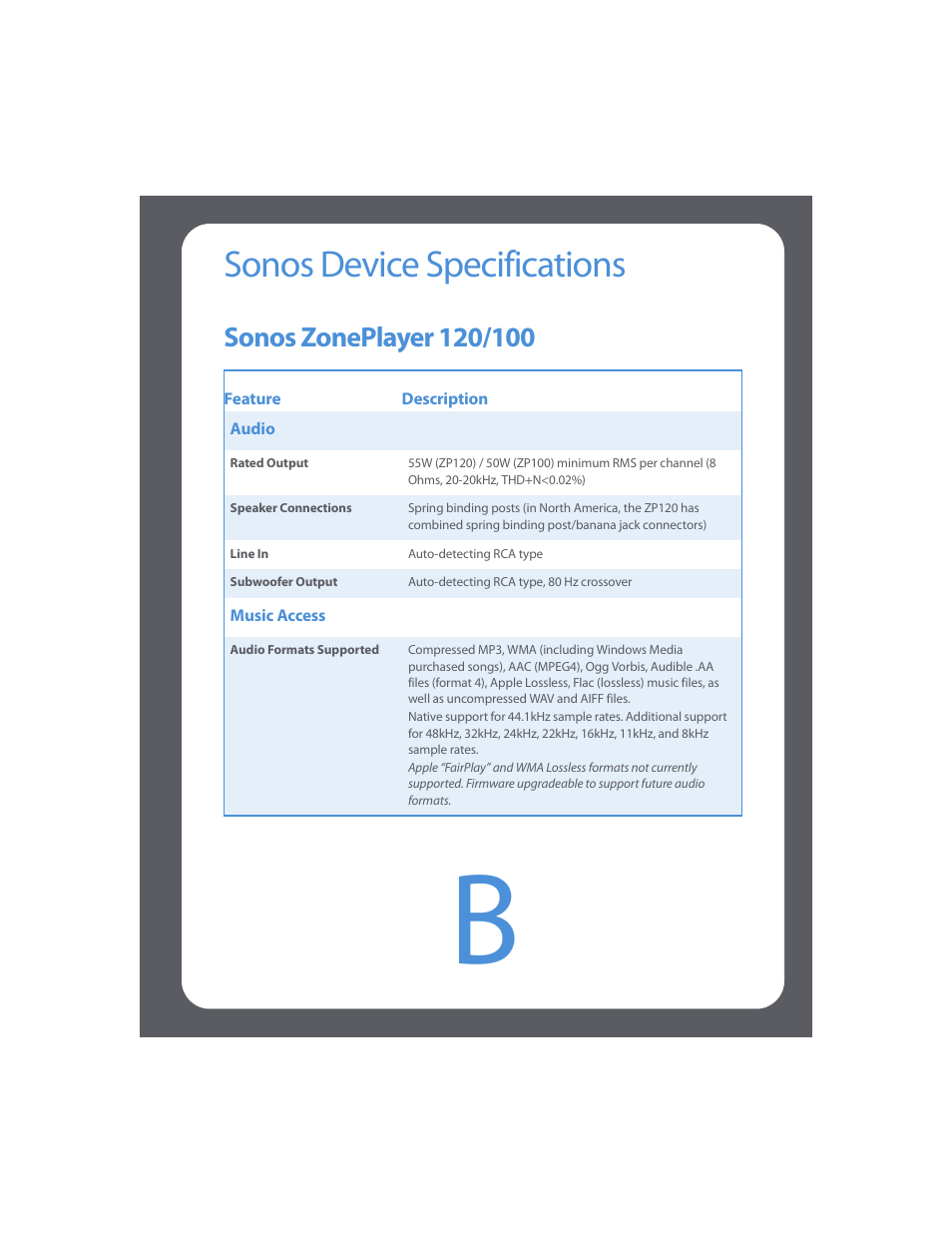 Sonos device specifications, Sonos zoneplayer 120/100, Appendix b sonos device specifications | Sonos Multi-Room Music System User Manual | Page 191 / 222