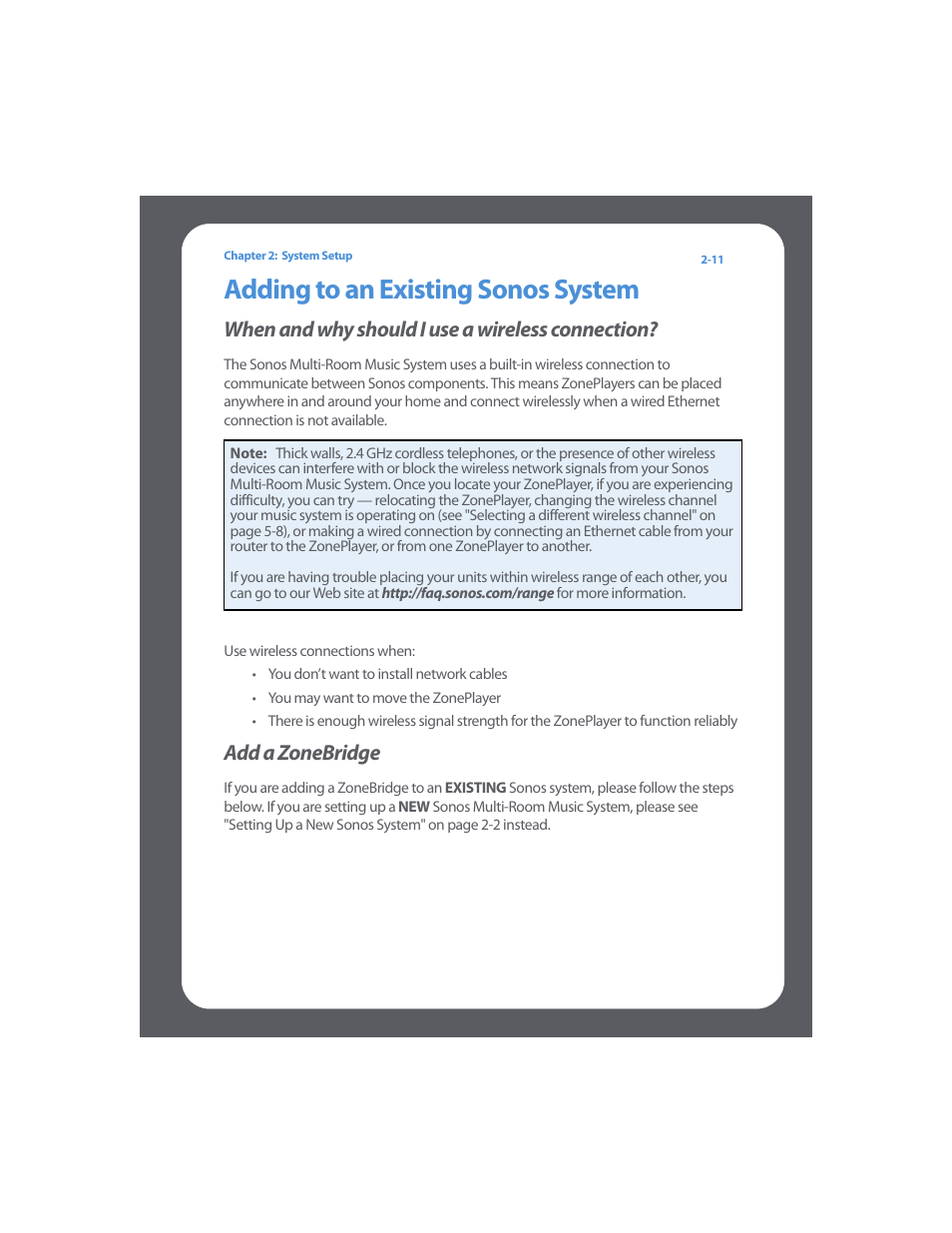 Adding to an existing sonos system, Add a zonebridge, Adding to an existing sonos system -11 | Add a zonebridge -11, When and why should i use a wireless connection | Sonos Multi-Room Music System User Manual | Page 26 / 222
