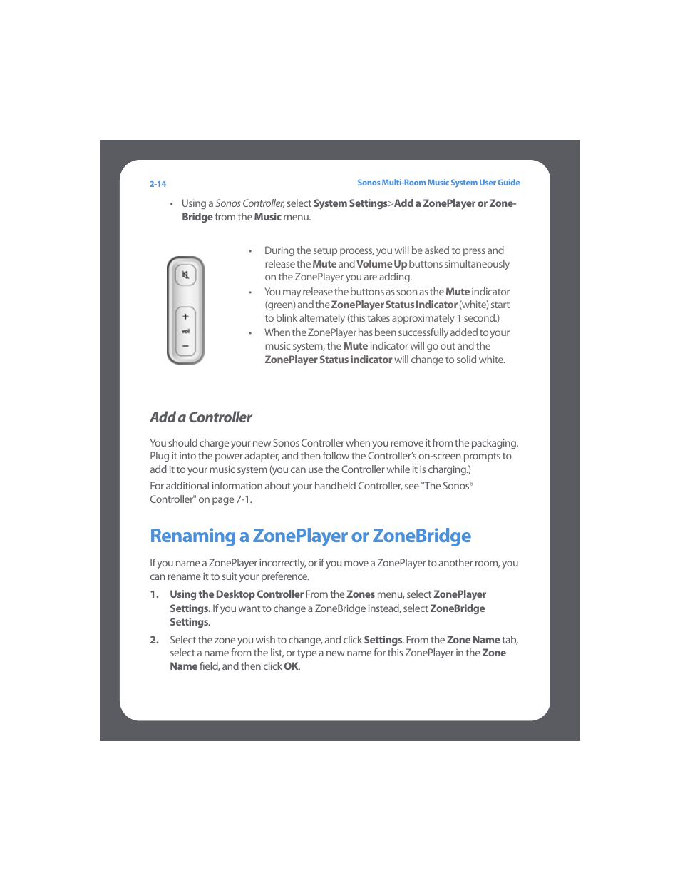 Add a controller, Renaming a zoneplayer or zonebridge, Add a controller -14 | Renaming a zoneplayer or zonebridge -14 | Sonos Multi-Room Music System User Manual | Page 29 / 222