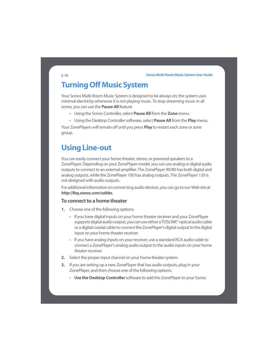 Turning off music system, Using line-out, Turning off music system -18 using line-out -18 | Sonos Multi-Room Music System User Manual | Page 33 / 222