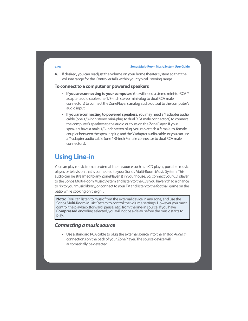 Using line-in, Connecting a music source, Using line-in -20 | Connecting a music source -20 | Sonos Multi-Room Music System User Manual | Page 35 / 222