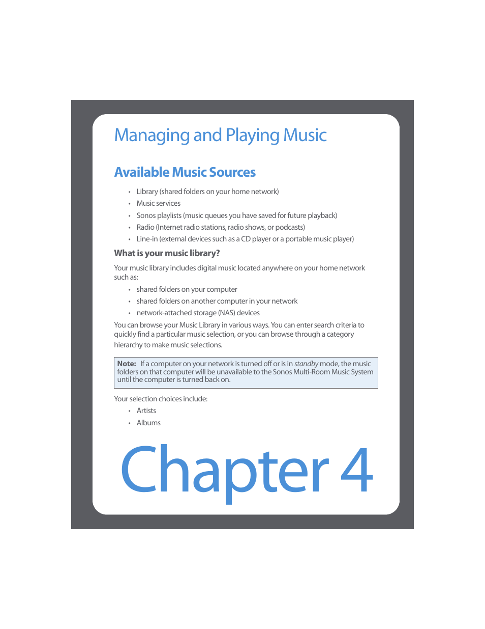 Managing and playing music, Available music sources, Chapter 4 managing and playing music | Available music sources -1, Chapter 4 | Sonos Multi-Room Music System User Manual | Page 53 / 222