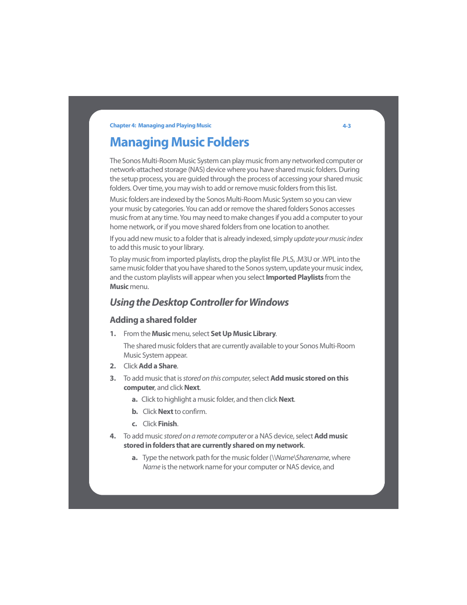 Managing music folders, Using the desktop controller for windows, Managing music folders -3 | Using the desktop controller for windows -3 | Sonos Multi-Room Music System User Manual | Page 55 / 222