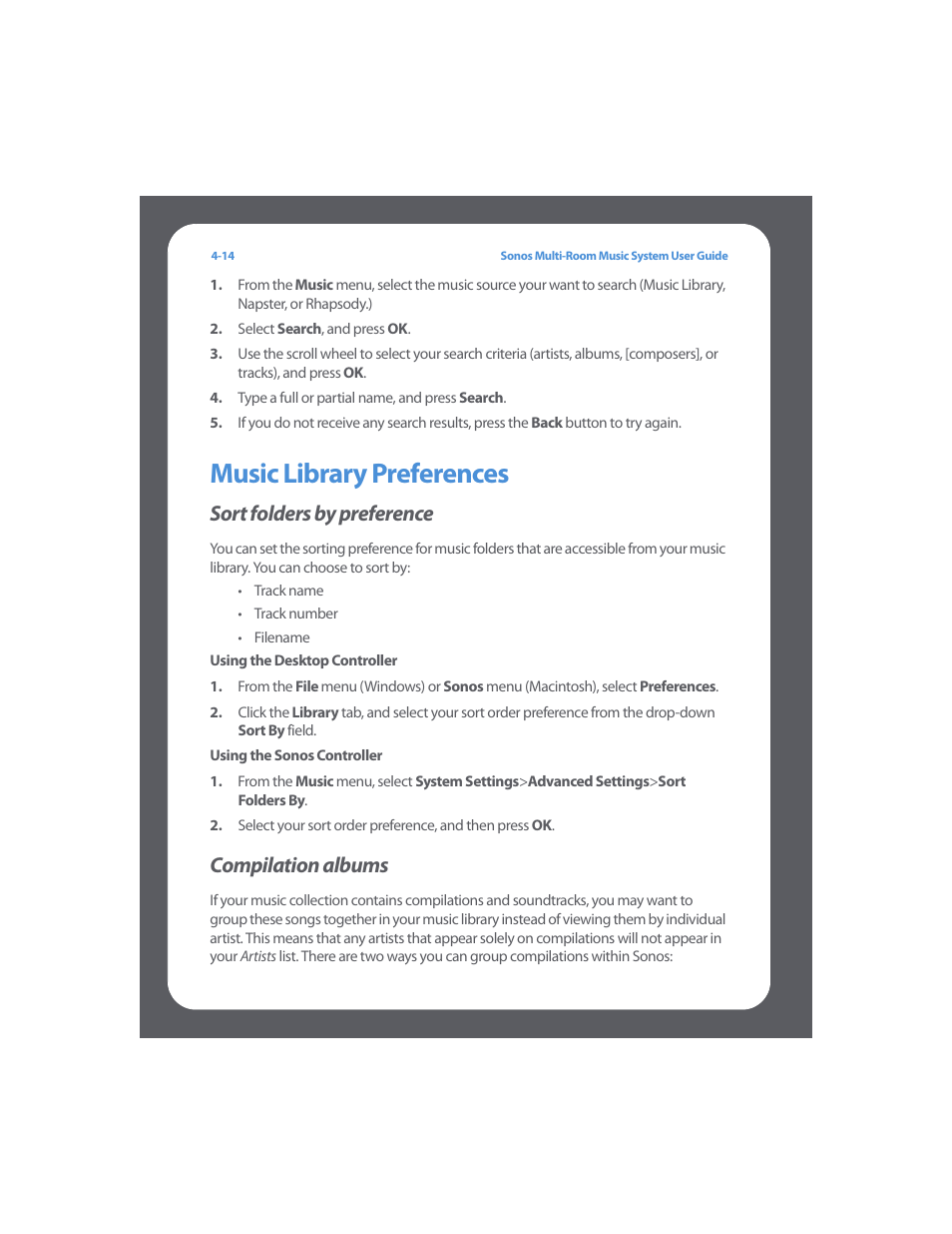 Music library preferences, Sort folders by preference, Compilation albums | Music library preferences -14 | Sonos Multi-Room Music System User Manual | Page 66 / 222