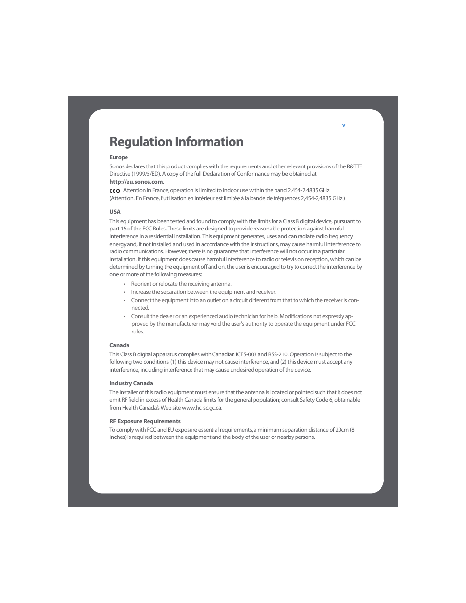 Regulation information | Sonos Multi-Room Music System User Manual | Page 7 / 222