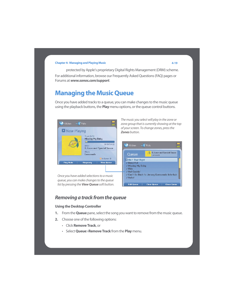 Managing the music queue, Removing a track from the queue, Managing the music queue -19 | Removing a track from the queue -19 | Sonos Multi-Room Music System User Manual | Page 71 / 222