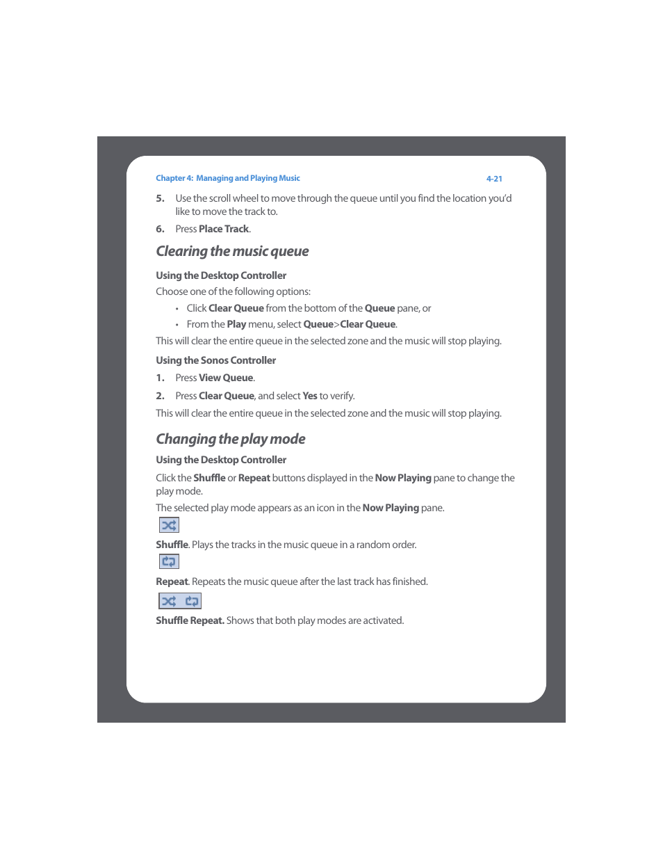 Clearing the music queue, Changing the play mode | Sonos Multi-Room Music System User Manual | Page 73 / 222