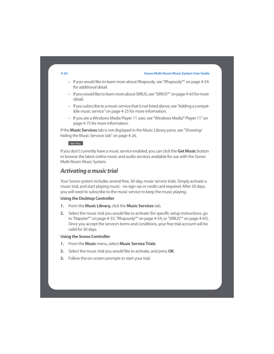 Activating a music trial, Activating a music trial -24 | Sonos Multi-Room Music System User Manual | Page 76 / 222