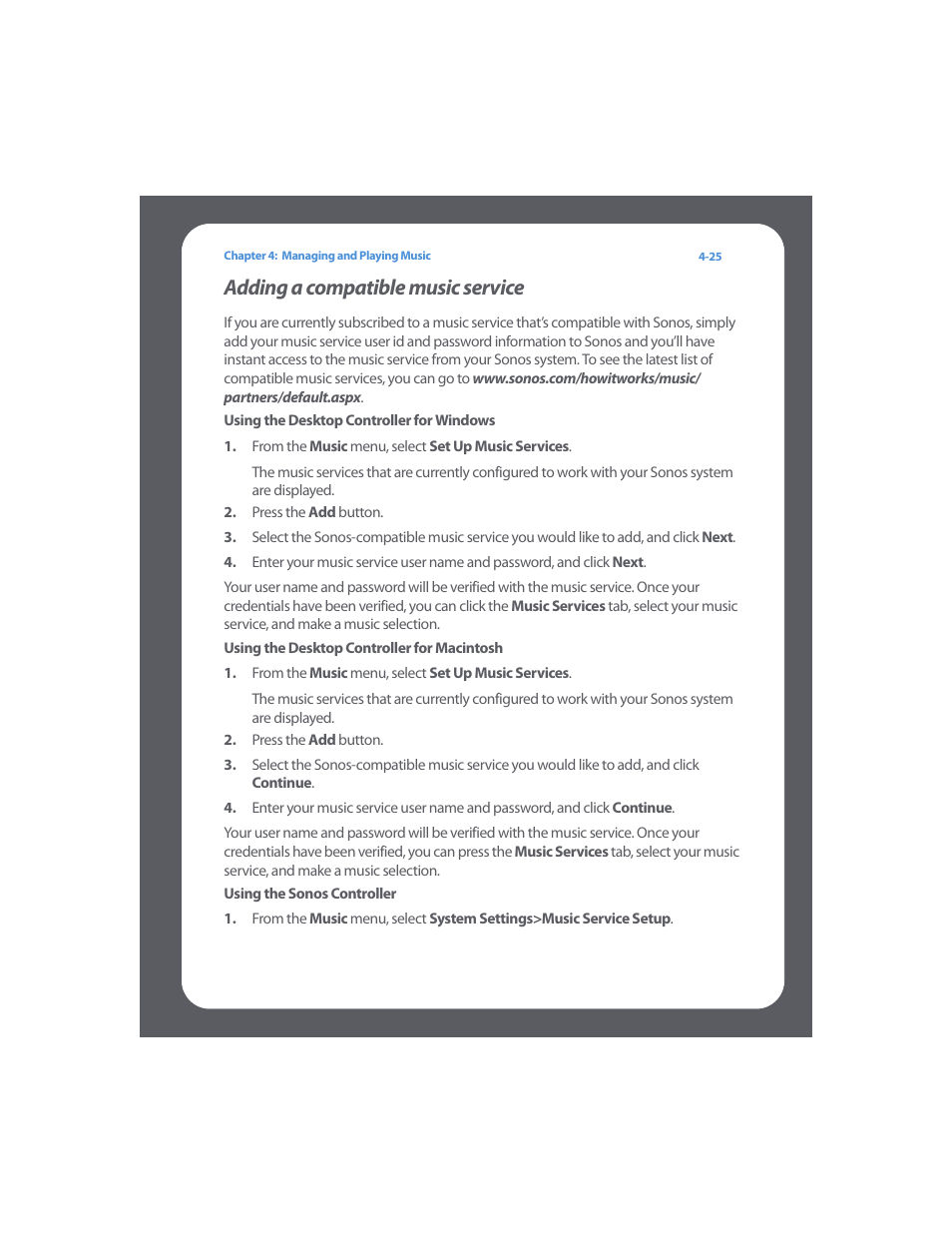Adding a compatible music service, Adding a compatible music service -25, See "adding a compat | Sonos Multi-Room Music System User Manual | Page 77 / 222