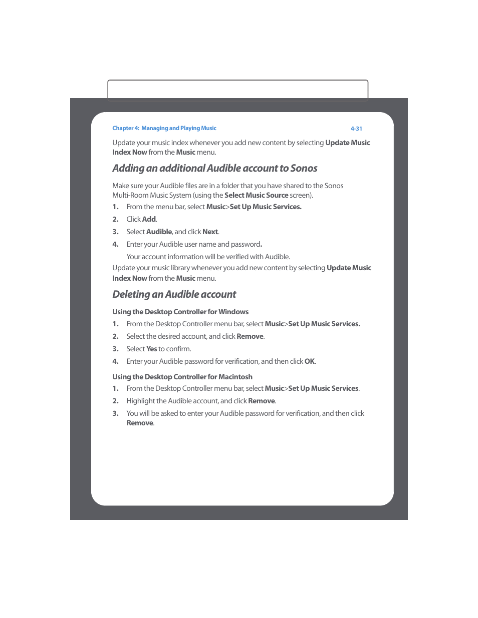 Adding an additional audible account to sonos, Deleting an audible account | Sonos Multi-Room Music System User Manual | Page 83 / 222
