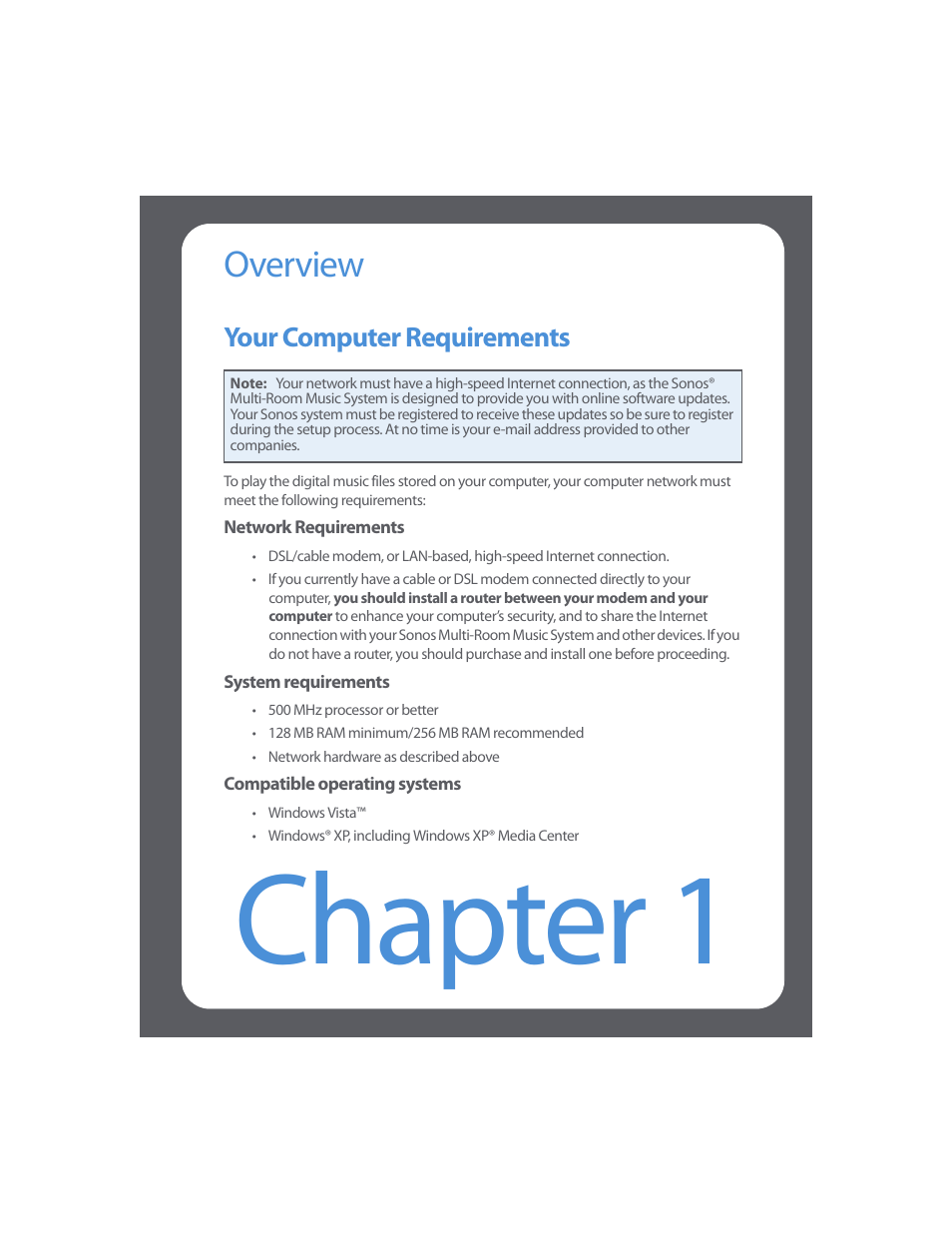 Overview, Your computer requirements, Sonos® multi-room music system | Chapter 1 overview, Your computer requirements -1, Chapter 1 | Sonos Multi-Room Music System User Manual | Page 9 / 222