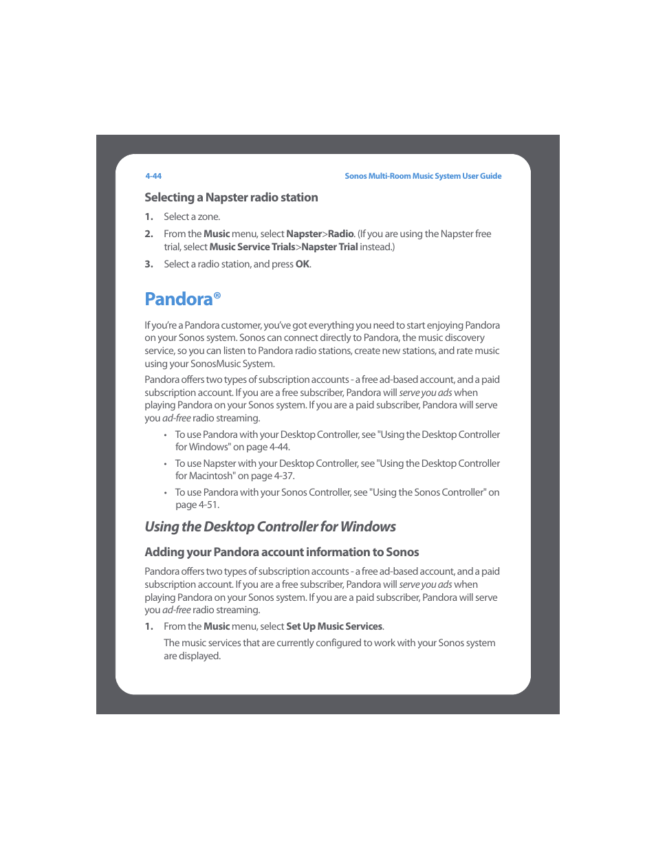 Pandora, Using the desktop controller for windows, Pandora® -44 | Using the desktop controller for windows -44 | Sonos Multi-Room Music System User Manual | Page 96 / 222