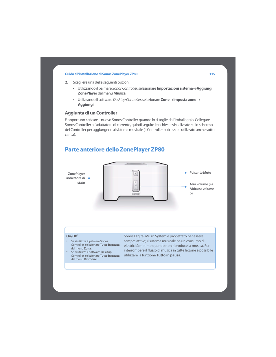 Parte anteriore dello zoneplayer zp80, Aggiunta di un controller | Sonos ZonePlayer ZP80 User Manual | Page 119 / 128