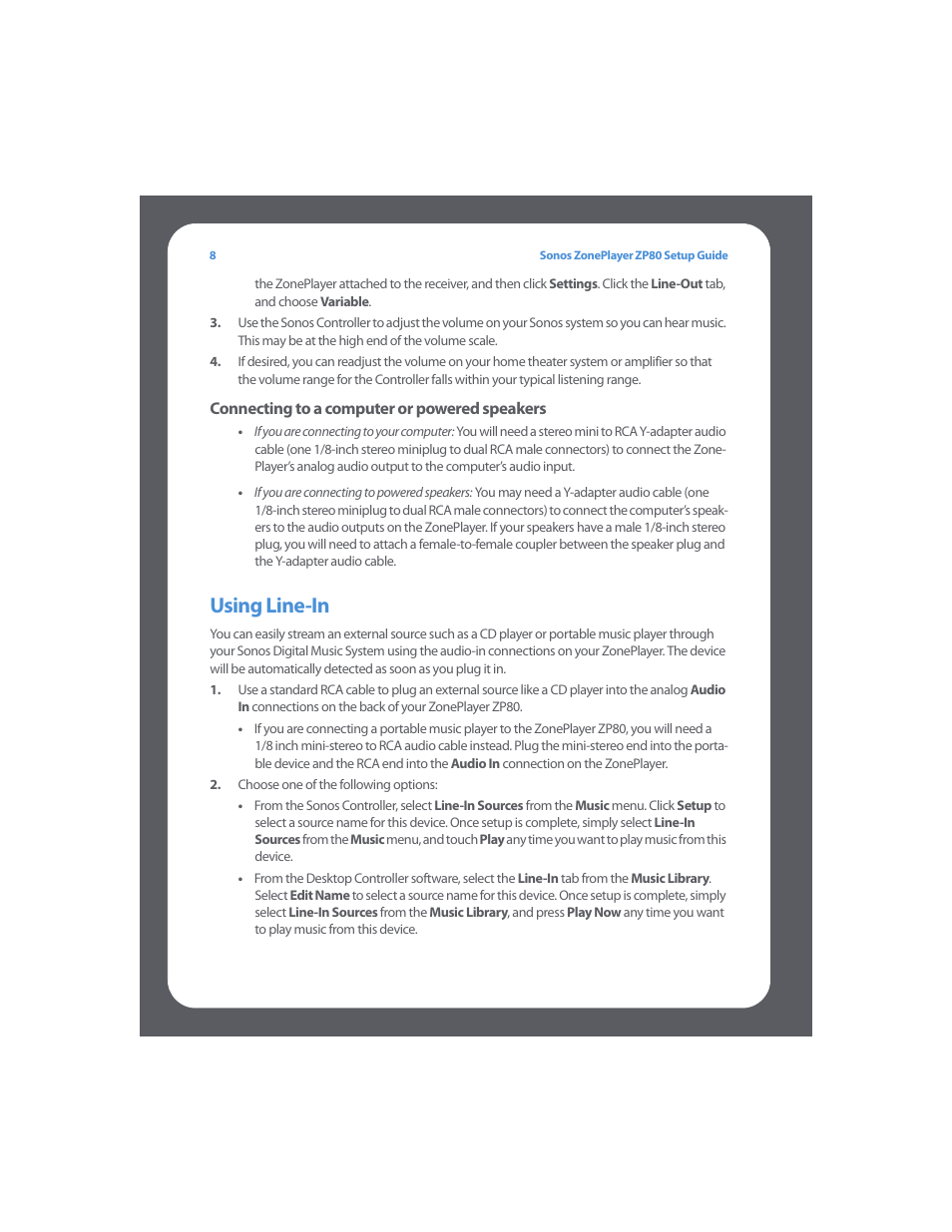 Using line-in | Sonos ZonePlayer ZP80 User Manual | Page 12 / 128