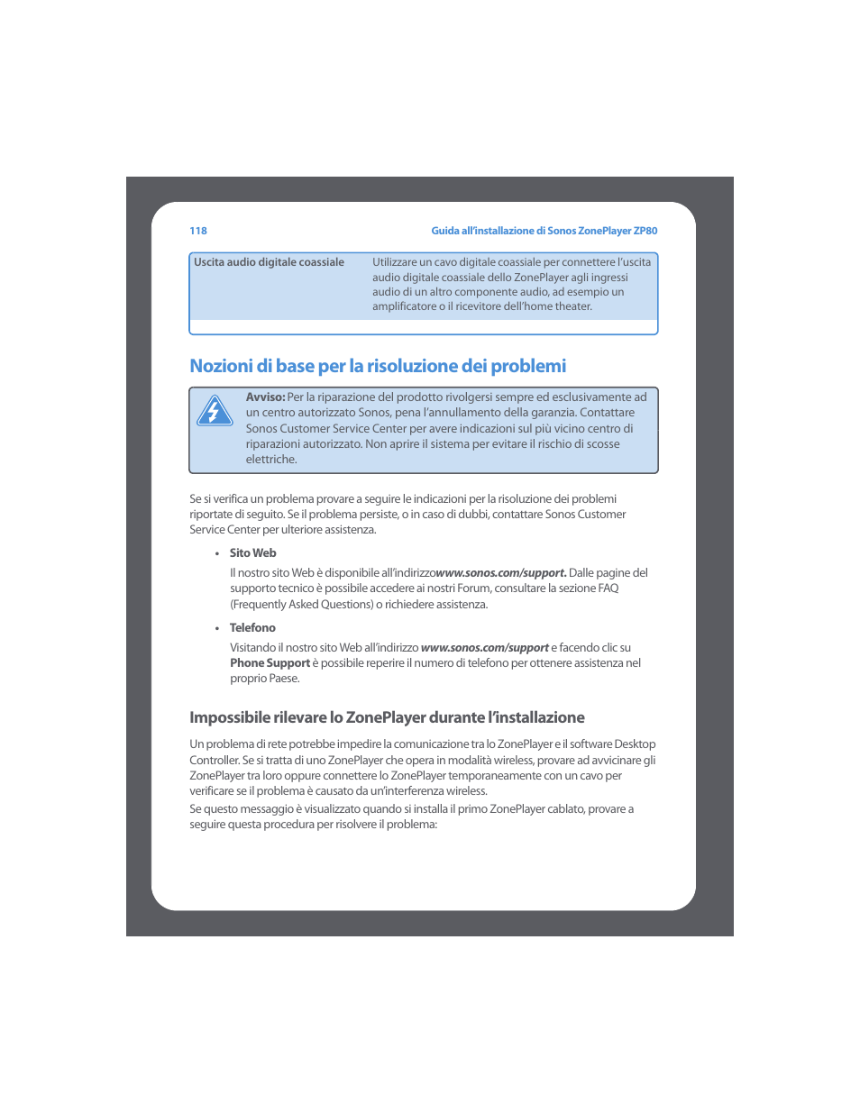 Nozioni di base per la risoluzione dei problemi | Sonos ZonePlayer ZP80 User Manual | Page 122 / 128
