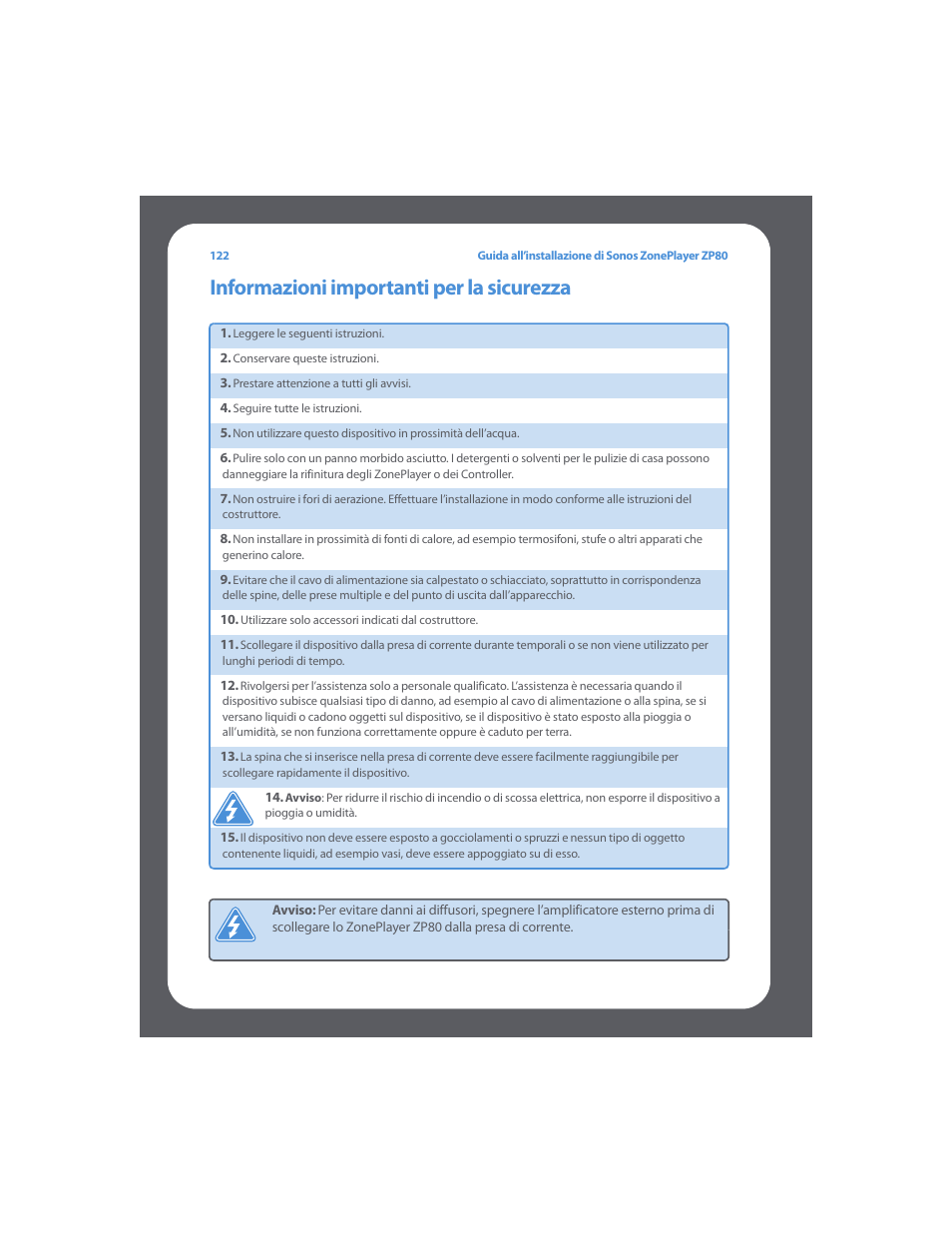 Informazioni importanti per la sicurezza | Sonos ZonePlayer ZP80 User Manual | Page 126 / 128