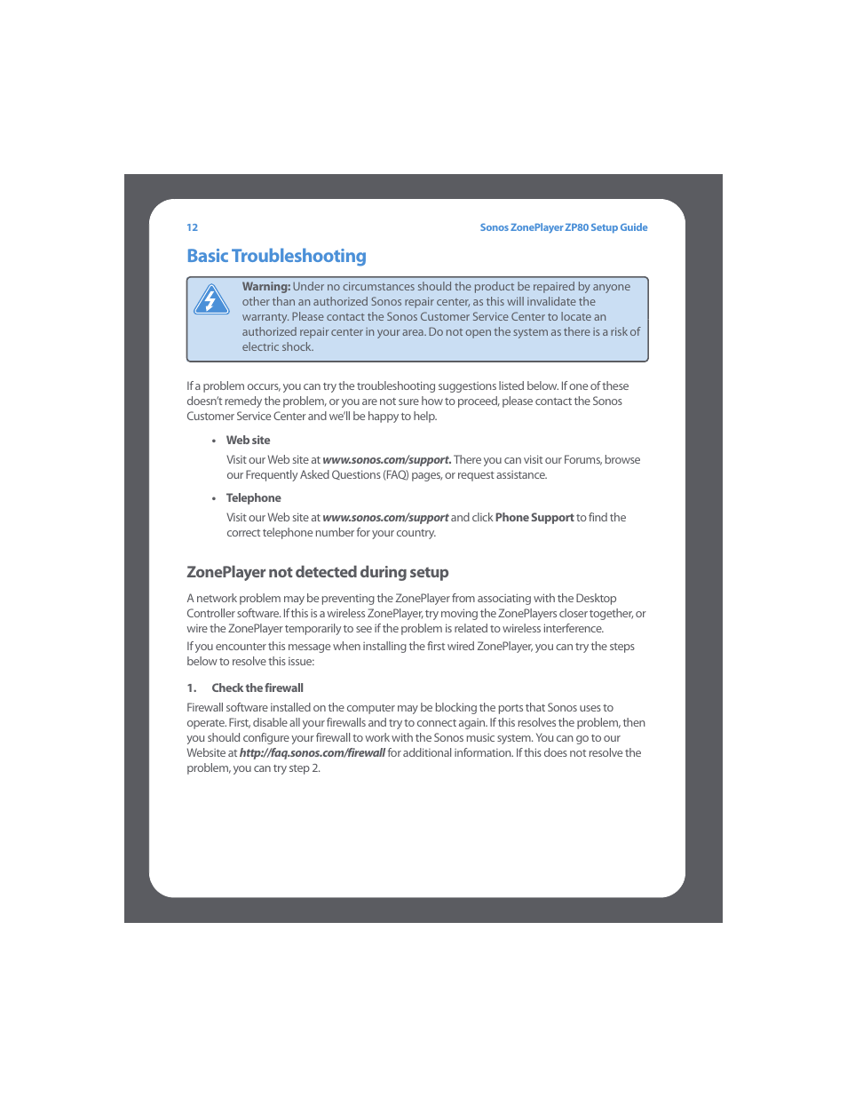 Basic troubleshooting, Zoneplayer not detected during setup | Sonos ZonePlayer ZP80 User Manual | Page 16 / 128