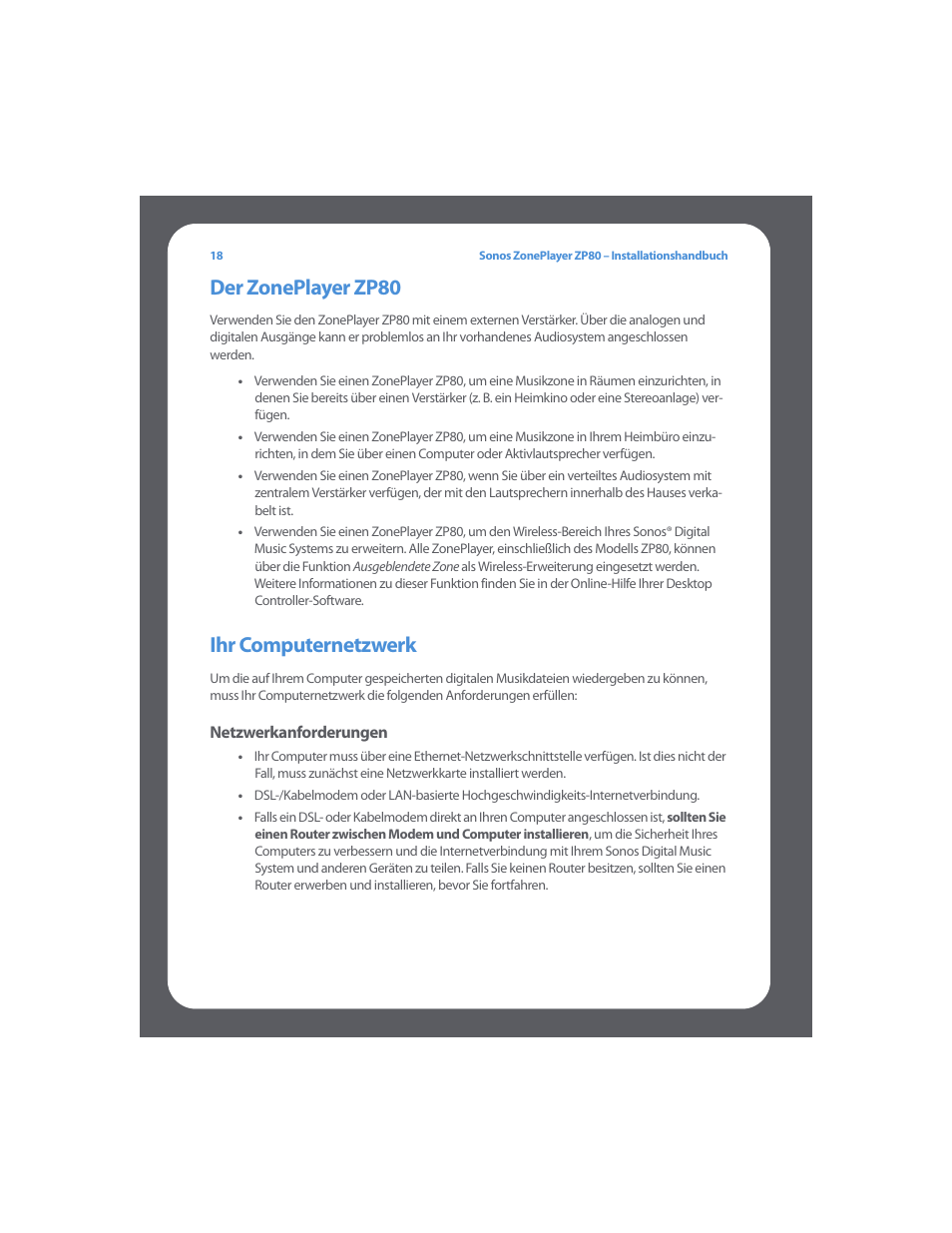 Der zoneplayer zp80, Ihr computernetzwerk | Sonos ZonePlayer ZP80 User Manual | Page 22 / 128