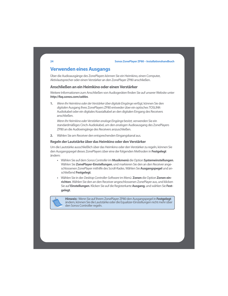 Verwenden eines ausgangs | Sonos ZonePlayer ZP80 User Manual | Page 28 / 128