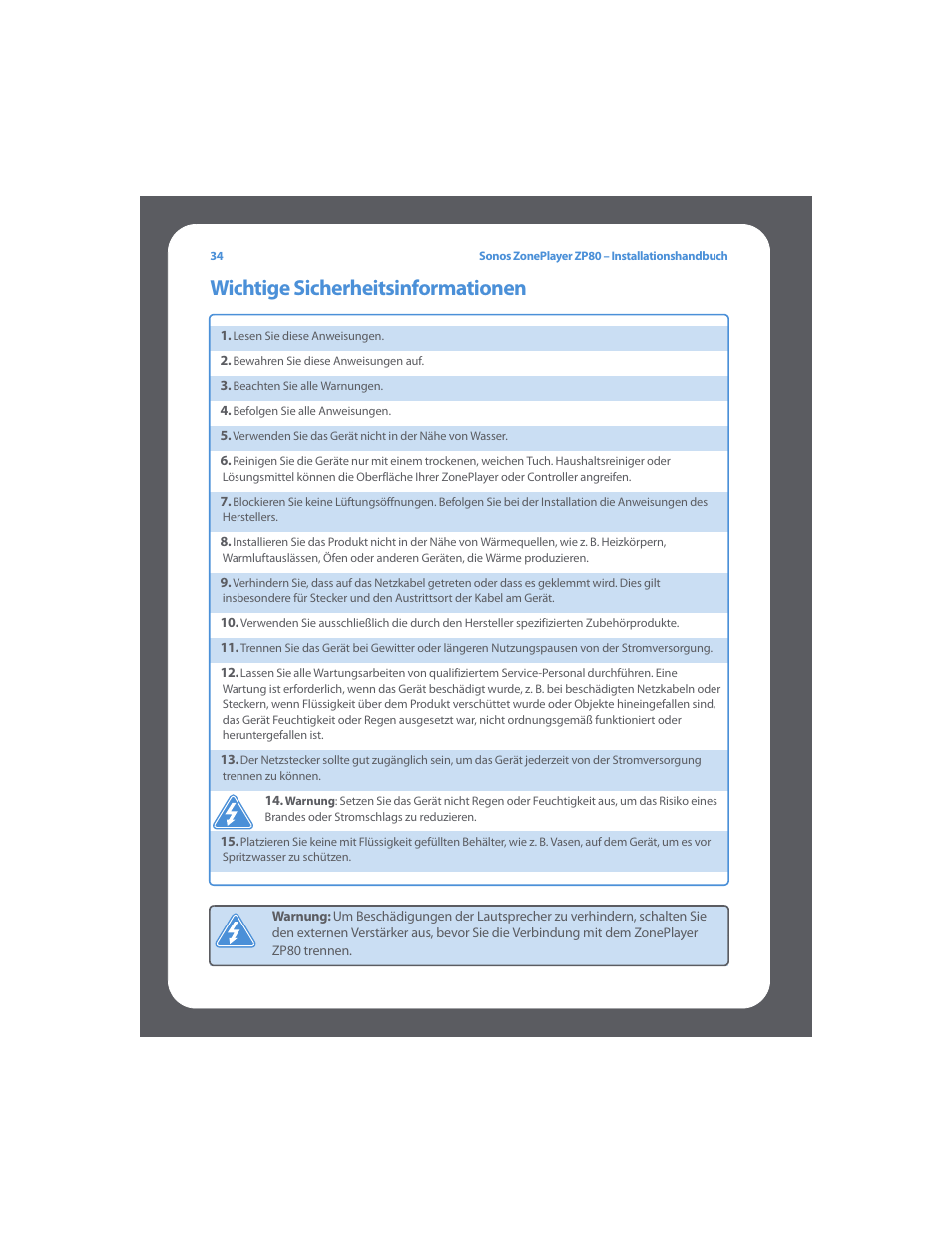 Wichtige sicherheitsinformationen | Sonos ZonePlayer ZP80 User Manual | Page 38 / 128