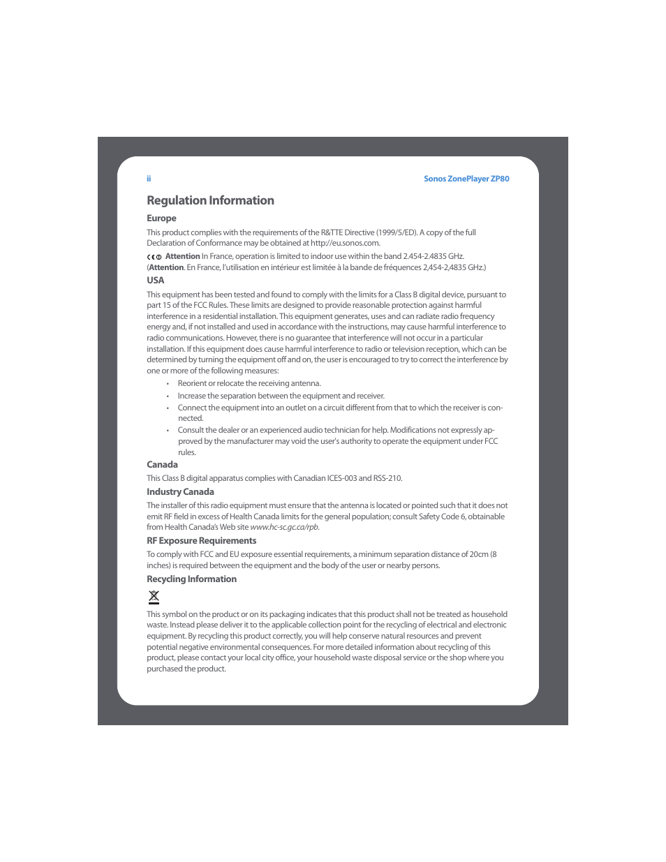 Regulation information | Sonos ZonePlayer ZP80 User Manual | Page 4 / 128