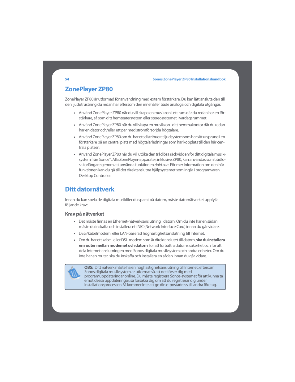 Zoneplayer zp80, Ditt datornätverk | Sonos ZonePlayer ZP80 User Manual | Page 58 / 128