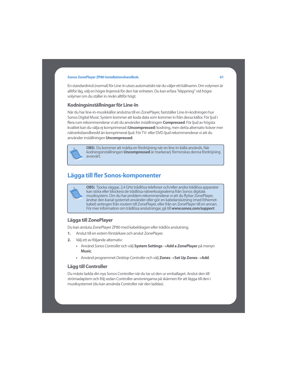 Lägga till fler sonos-komponenter | Sonos ZonePlayer ZP80 User Manual | Page 65 / 128